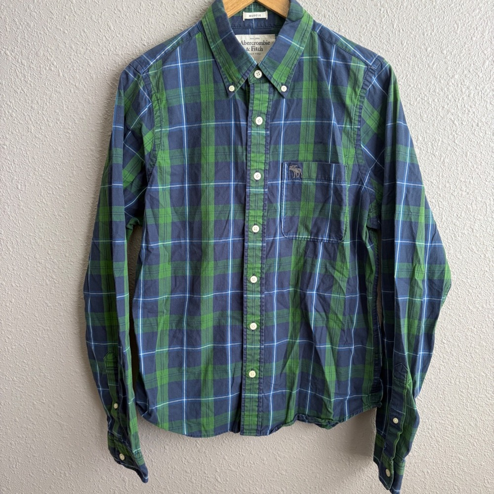 Boys Abercrombie Kids Navy Green Plaid Muscle Long Sleeve Button Up Shirt L